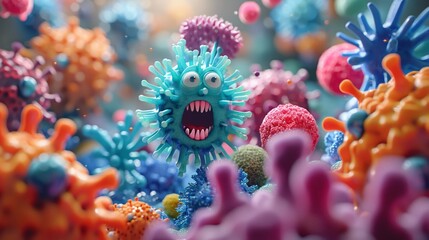 Develop a 3D animation showing a close-up battle between good bacteria characters and bad bacteria characters, educating on the balance of oral microbiome, vibrant color - obrazy, fototapety, plakaty