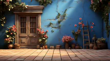 Serene Oasis: Vibrant Blue Wall adorned with Blossoming Flowers and a Charming Rustic Wooden Door, Inviting Tranquility and Natural Beauty