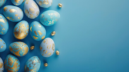 A blue background with gold eggs on it. The eggs are arranged in a circle