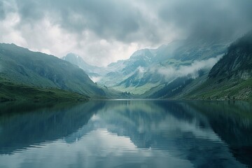 Naklejka na ściany i meble A serene mountain lake with a reflection of the sky, 8k, realistic, full ultra HD, high resolution, cinematic