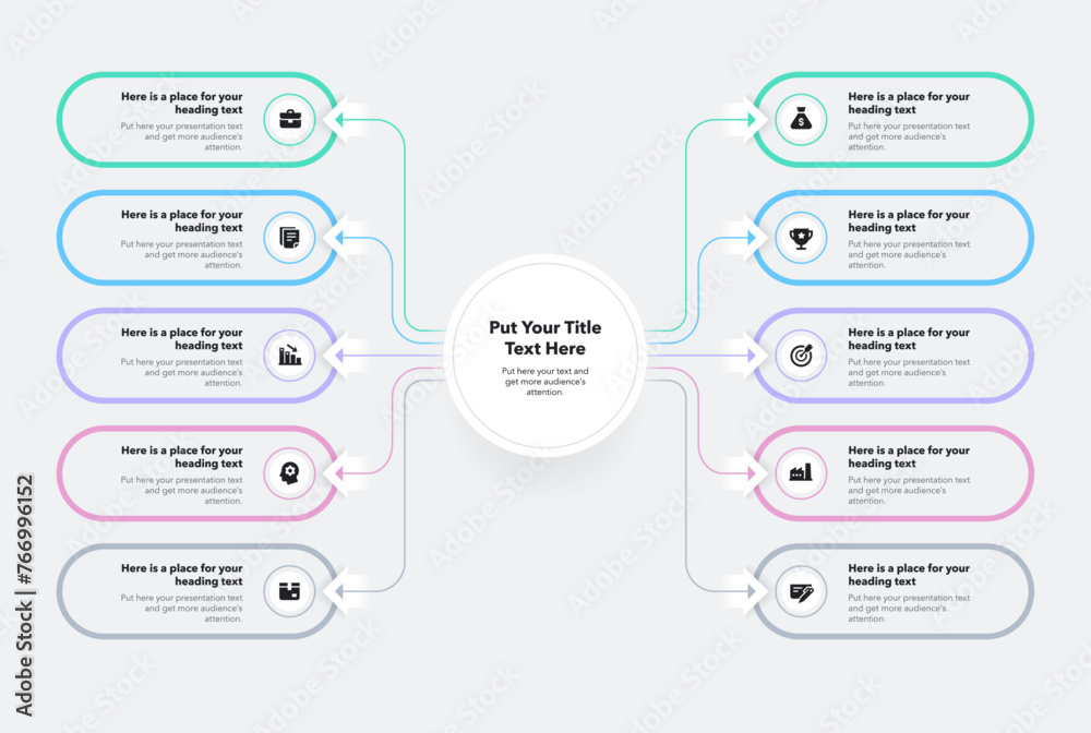 Poster Modern flowchart infographic with central circle and ten colorful options. Simple flat presentation diagram with icons and places for your texts.