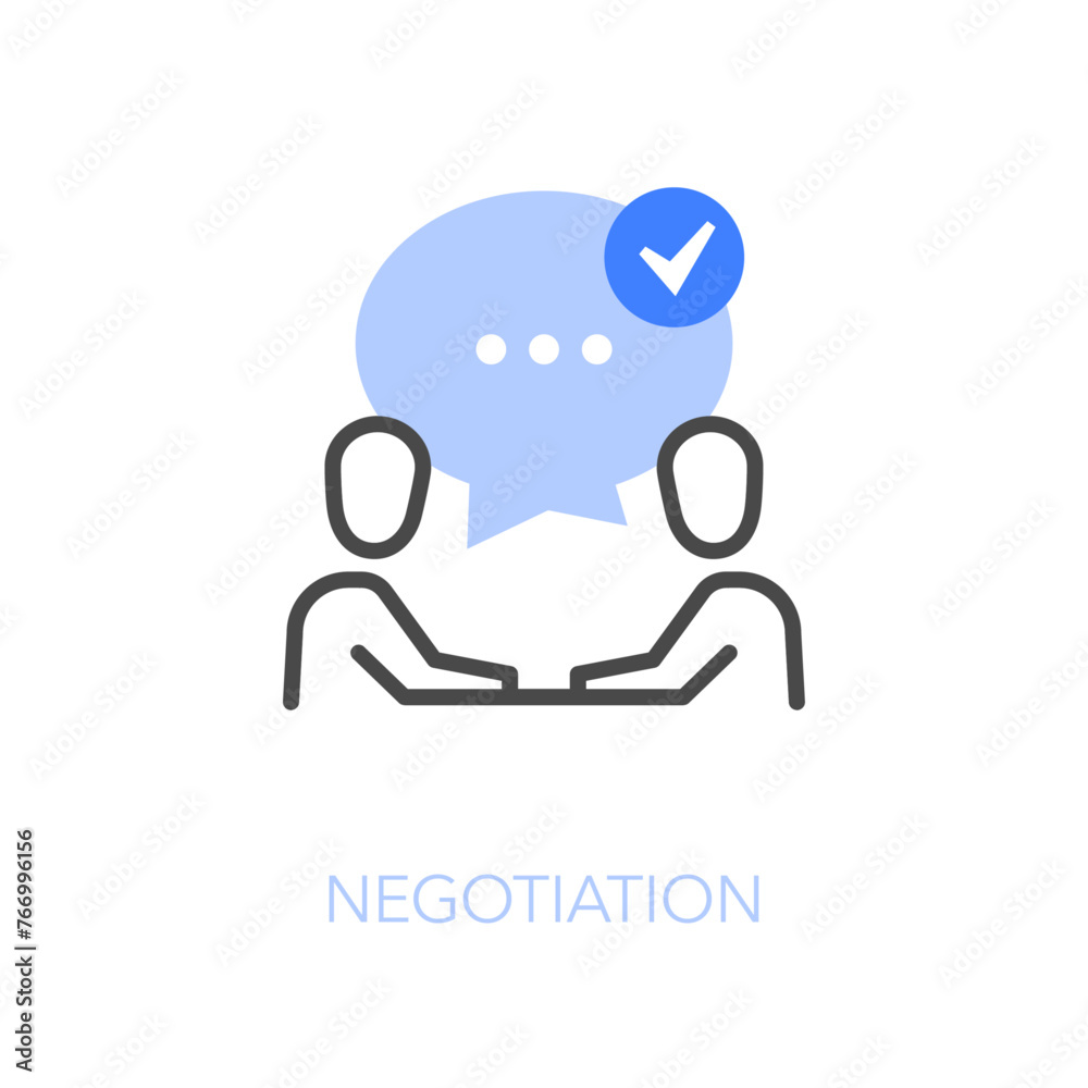 Poster simple visualised negotiation icon symbol with two people in discussion with positive conclusion.