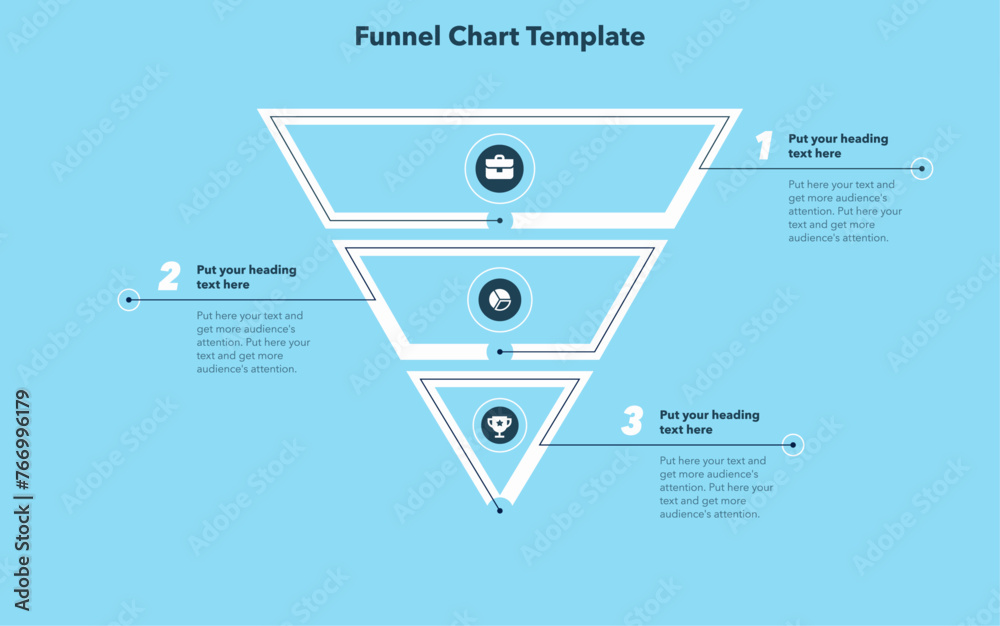 Wall mural funnel chart template with 3 sections - blue version. creative diagram divided into three parts with