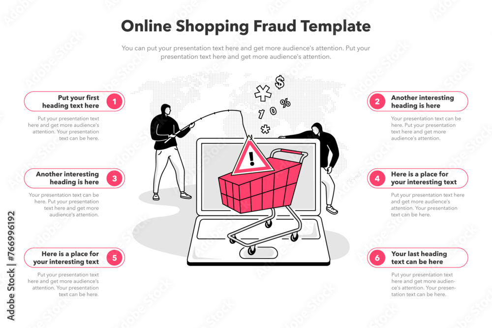 Poster simple infographic template for online shopping fraud. 6 stages template with a laptop computer and 