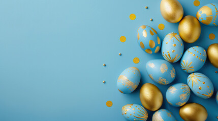 A blue background with gold and blue eggs on it
