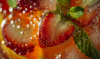 Summer fruit cocktail with fresh mint close up detail background. Refreshing concept banner. - obrazy, fototapety, plakaty