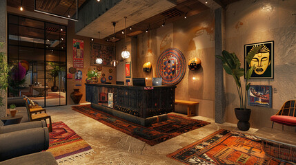A lobby blending cultures, showcasing an eclectic reception desk adorned with artifacts from diverse backgrounds, symbolizing inclusivity.