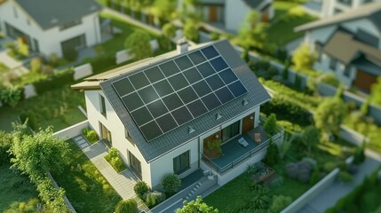 Fototapeta premium A digital transformation of a suburban house with solar panels appearing on the roof.
