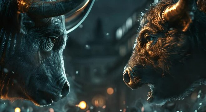 AI illustration of bull vs bear, market fluctuations symbol, stark contrasts, cool dawn light, eye-level, vivid colors