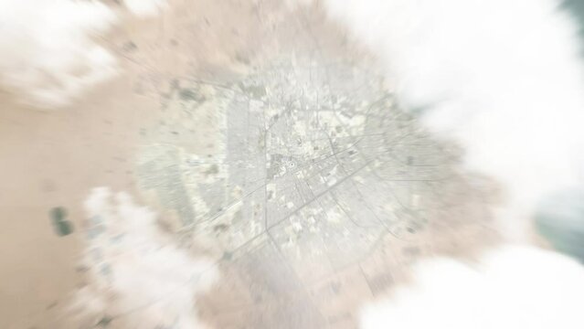 Earth zoom in from space to Doha, Qatar. Followed by zoom out through clouds and atmosphere into space. Satellite view. Travel intro. Images from NASA