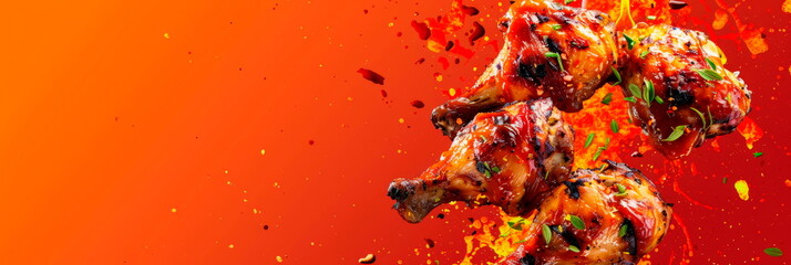 juicy grilled chicken on an orange background - obrazy, fototapety, plakaty