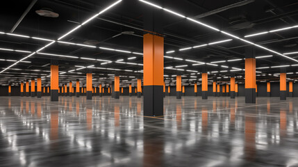 An empty Underground parking  with orange columns and illuminated lights