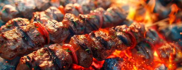 Obraz na płótnie Canvas May holidays frying shish kebab outdoors on the grill