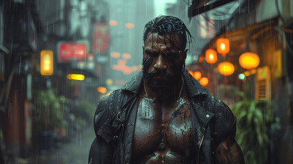 Fototapeta na wymiar A rugged, tattooed man stands drenched in the rain, deep in thought amidst the neon glow of a city night