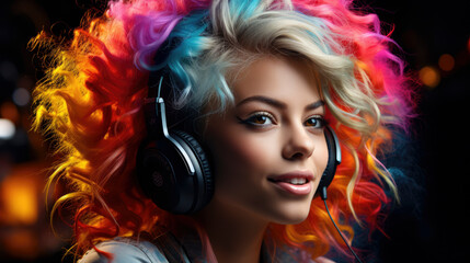 A woman with vibrant hair listening to music through headphones