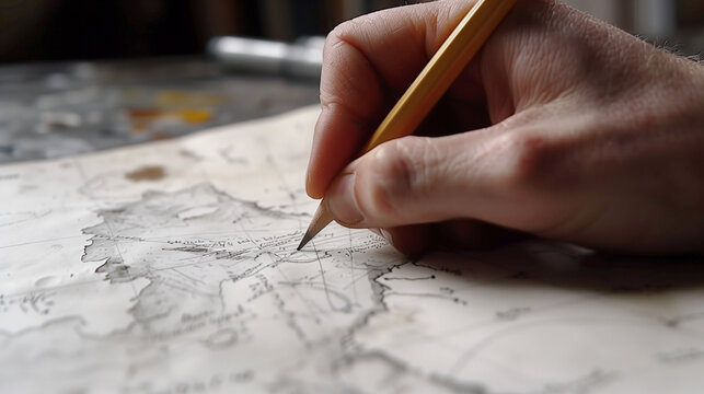 person’s hand holding a pencil, poised to draw on a piece of white paper with map