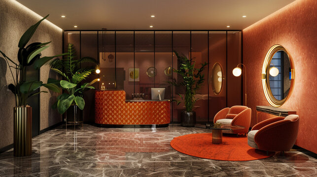 A lobby evoking retro vibes, boasting a reception desk adorned with sleek mid-century modern elements, invoking nostalgia and timeless sophistication.