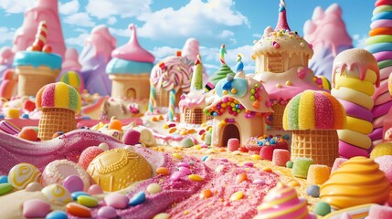 Welcome to Candyland, where everything is made of sugar, spice, and everything nice! This magical place is home to a variety of sweet treats, from can - obrazy, fototapety, plakaty