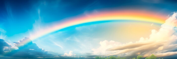 A rainbow stretching across a cloudy sky after a spring shower, representing hope and renewal following a period of rain - obrazy, fototapety, plakaty
