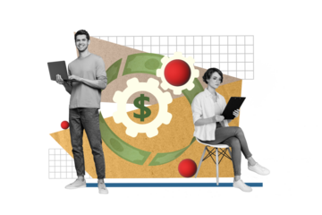 Creative abstract template graphics collage image of confident guy lady organizing working process isolated drawing background