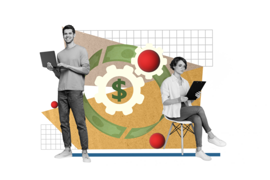 Creative abstract template graphics collage image of confident guy lady organizing working process isolated drawing background