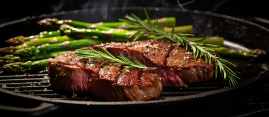 Beef steak and asparagus, both terrestrial plant ingredients, are sizzling on the grill, showcasing a delicious cuisine recipe for a mouthwatering meal - obrazy, fototapety, plakaty