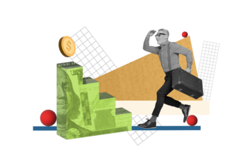 Exclusive magazine picture sketch collage image of excited senior guy running achieving success isolated painting background