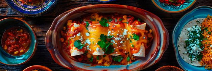 spread of traditional mexican dish enchilada - obrazy, fototapety, plakaty