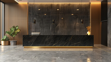 A modern interpretation of luxury, with a reception desk of sleek black marble and brushed gold accents exuding opulence in the lobby.