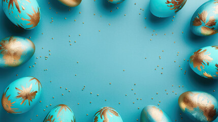 A blue background with gold and blue eggs scattered around it