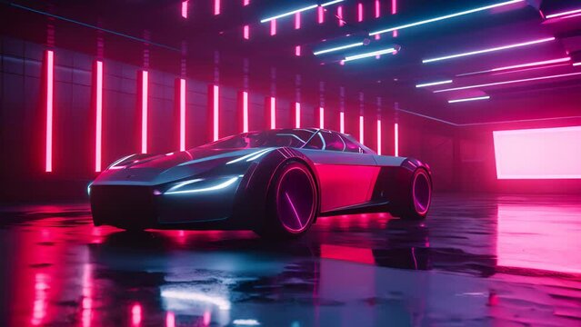 Futuristic car in a neon-lit corridor