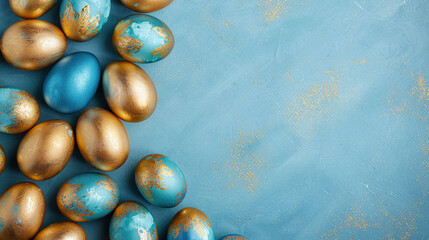 A blue and gold egg arrangement on a blue background. The eggs are arranged in a circle and are of different sizes. The blue and gold colors create a sense of warmth and happiness