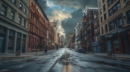 Fototapeta premium City street with storm clouds in the background