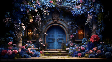 Enchanting Floral Tapestry: A Vibrant Wall adorned with a Myriad of Flowers framing a Rustic Blue...