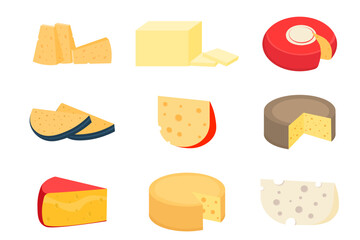 Set of cheese parts and slices isolated on a white background. Cheese flat icon. Vector Head of cheese in flat style isolated on white background