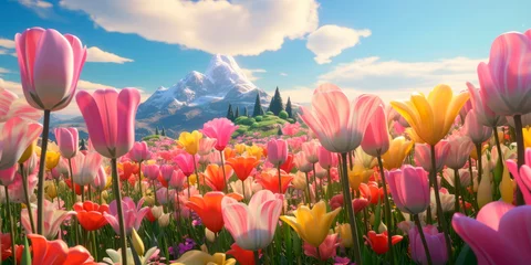 Deurstickers A field of vibrant tulips in various shades and colors, creating a stunning display of nature's beauty and elegance. © Maximusdn
