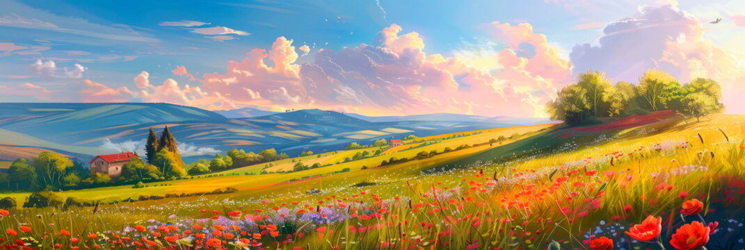 Easter Monday backgrounds featuring rolling hills and colorful meadows.