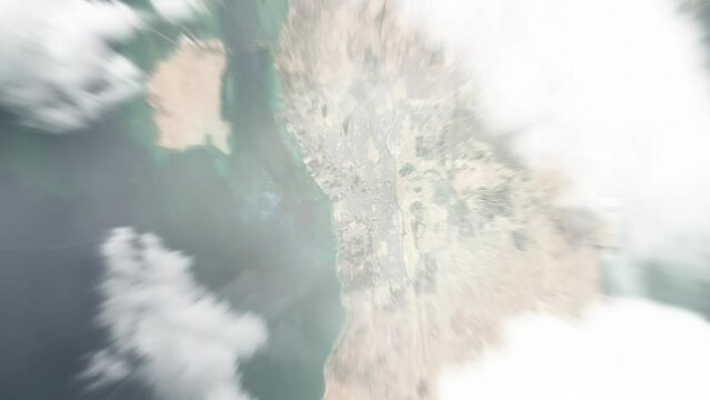 Earth zoom in from space to Al Malikiyah, Bahrain. Followed by zoom out through clouds and atmosphere into space. Satellite view. Travel intro. Images from NASA