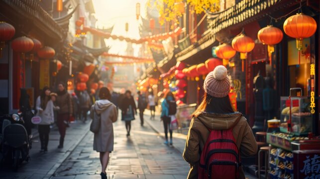 China food market street in Beijing. Chinese tourist walking in city streets on Asia vacation tourism. 