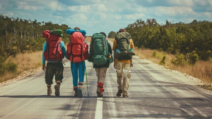 In this scene, friends wander down a deserted road lined with foliage, their large backpacks symbolizing their travel spirit - obrazy, fototapety, plakaty