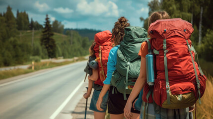 A group of hikers with colorful backpacks walking on a sunlit forested road, signaling unity and exploration