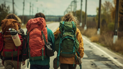 Four companions with heavy backpacks trek through a desolate location with a sense of togetherness and shared purpose