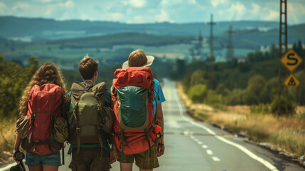 Adventurous travelers with vibrant backpacks walk near a winding road, hinting at new discoveries and the beauty of the landscape