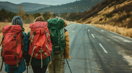 Three friends with backpacks walk down a road with scenic mountain views, signifying adventure and travel