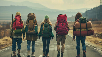 A back view of a group of friends with backpacks walking along a road surrounded by nature on their hiking adventure