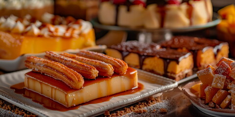 Mexican desserts, including churros, flan, and tres leches cake.