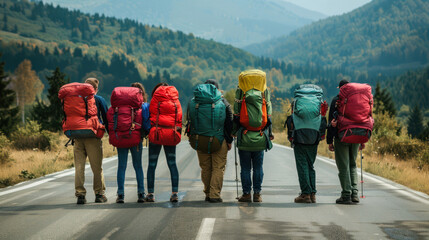 Travel companions stand together on a road amidst a picturesque landscape, taking a break from their hike