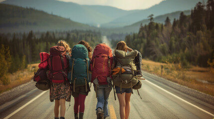 Four friends with large backpacks wander along a forest road, with towering trees and mountains ahead, exuding friendship and exploration spirit - obrazy, fototapety, plakaty