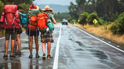A group of travelers pause on a wet road amidst a rainy landscape, giving a sense of adventure and the thrill of overcoming obstacles
