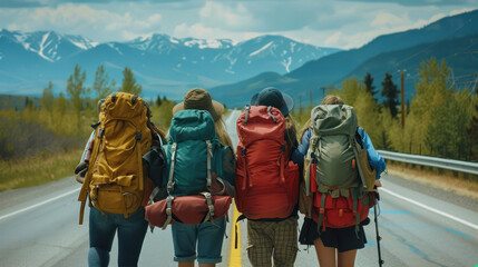 Four friends carrying colorful backpacks are walking on a road set against a breathtaking mountainous backdrop, symbolizing friendship and a love for travel
